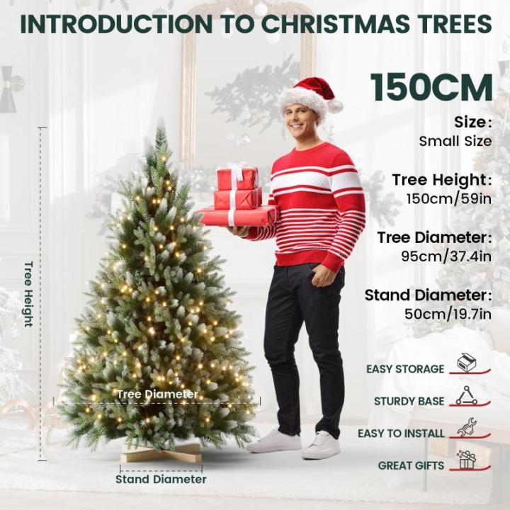 Kunstkerstboom met sneeuweffect, dennenappels, verlichting, 150 cm, automatische dennenboom, kunstkerstboom van pvc en PE, met houten standaard, Nordmann-spar, moeilijk ontvlambare