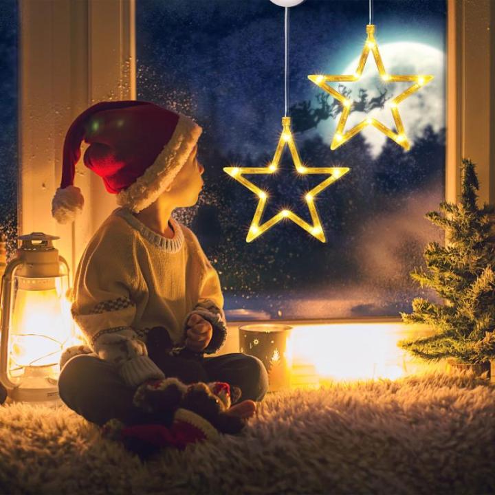 Kerstverlichting, 10 led-lichtgordijnen met sterren, kerstgordijn, werkt op batterijen, warmwit, timer, decoratieve kerstverlichting voor kerstboom, raam, deur, bruiloft, bar (2 st