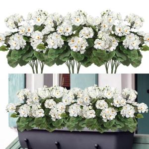 , 3 bundels voor buiten en binnen, namaakgeranium, zijden bloemen, decoratie, , uv-bestendig, geraniumstruik voor hangende tuin, veranda, raam, box, decoratie, wit