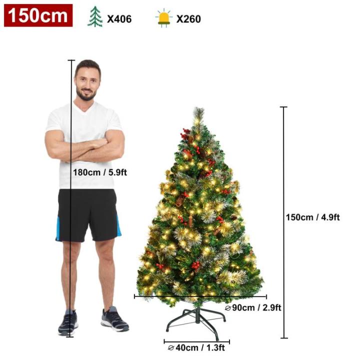 Kunstkerstboom met verlichting, 150 cm, 8 modi, dennenboom, groen, pvc, kerstboom voor kerstdecoratie, met dennenappels, dennennaald en dennennaald, klapsysteem, opvouwbare standaa