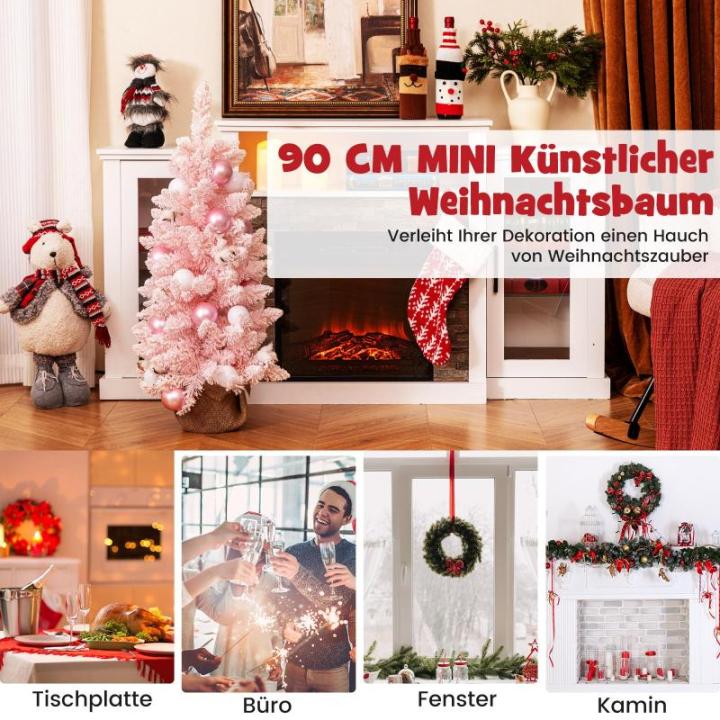 90 cm Mini künstlicher Weihnachtsbaum, Tannenbaum klein mit Schnee & Zementbasis, Chirstbaum mit 136 Spitzen, 12 Wattekugeln & 24 Weihnachtskugeln, Kunstbaum Dekobaum für Zuhause