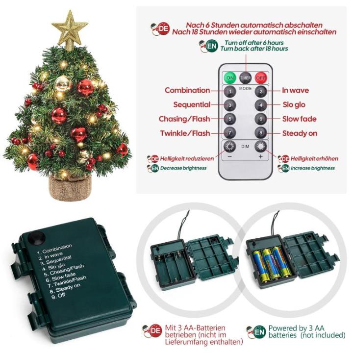 Mini Kerstboom met 50 Warmwitte leds 8 Lichtmodi, Dennenboom met Stervormige Pieken en Decoratieve Batterij, voor Kerstmis, Advent (70 cm met Afstandsbediening)