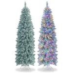 Kunstkerstboom, 180 cm, dennenboom met ledverlichting, slanke kerstboom met veelkleurige lichten, kunstboom met metalen standaard, voor Kerstmis, groen + wit