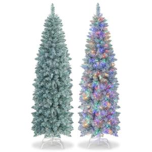 Kunstkerstboom, 180 cm, dennenboom met ledverlichting, slanke kerstboom met veelkleurige lichten, kunstboom met metalen standaard, voor Kerstmis, groen + wit