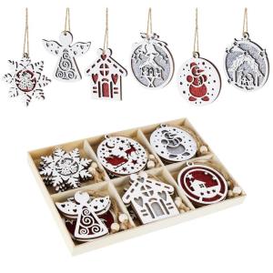 18er Christbaumschmuck aus Holz,Weihnachtsbaumschmuck Deko Holz 9 Designs Weihnachtsbaum Anhänger mit Hanfseilen und Beweglichen Holzperlen,Holzanhänger zum Basteln Rentier Weihn