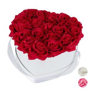 Rozenbox hart, 18 rozen, stabiele bloemenbox, wit, 10 jaar houdbaar, cadeau-idee, decoratieve bloemenbox, rood, 13 x 21 x 19 cm