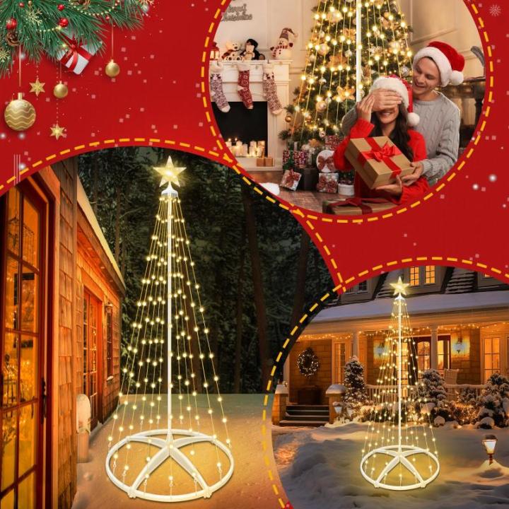 Kerstboom, metaal, grote kegelvorm, 1,2 m, 8 verlichtingsmodi, timer, afstandsbediening voor binnen en buiten, kerstdecoratie, voor kerstdecoratie, warm wit
