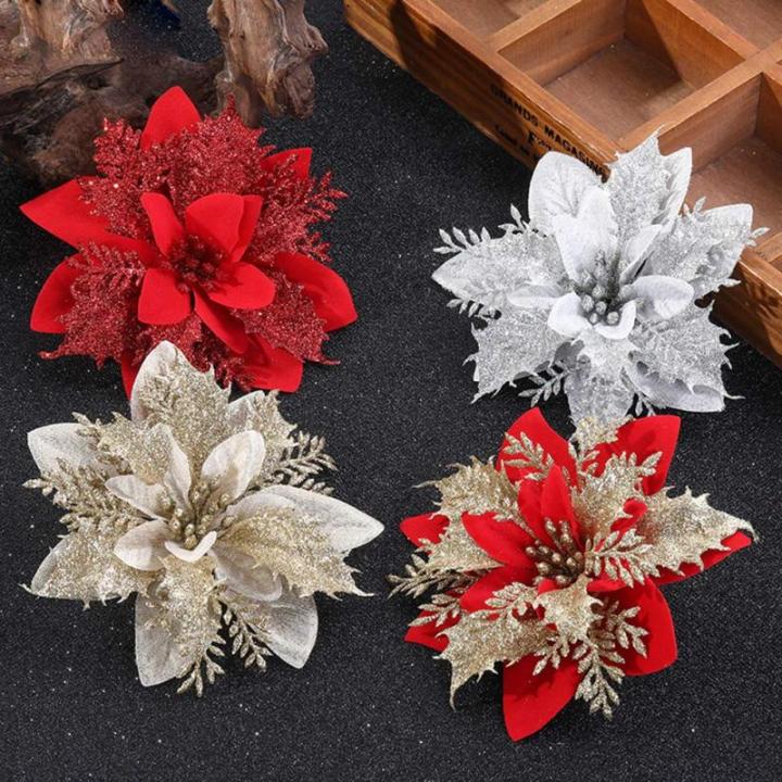 GL-Turelfies 12 STK. Glitzer Weihnachtsblumen (15cm/5,9'') mit 12 STK. Clips Künstliche Weihnachtsstern Blumen Weihnachtsbaum Blumenschmuck Weihnachtsbaum Ornamente (rot)