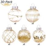 Onbreekbare doorzichtige plastic van 60 mm met glitterschilderij, transparant, doorzichtige kristallen , kerstboomdecoraties (30 stuks, goud)