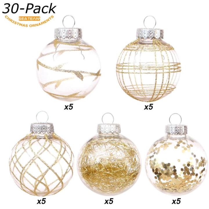 Onbreekbare doorzichtige plastic van 60 mm met glitterschilderij, transparant, doorzichtige kristallen , kerstboomdecoraties (30 stuks, goud)