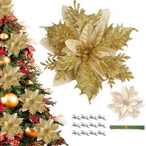 12 Stück Weihnachten Glitzer Weihnachtsstern Gold Künstliche Blumen Deko, Weihnachtsstern Künstliche Blumen mit Clips + Vorbauten, Weihnachtsblumen für Weihnachts Hochzeits Gar