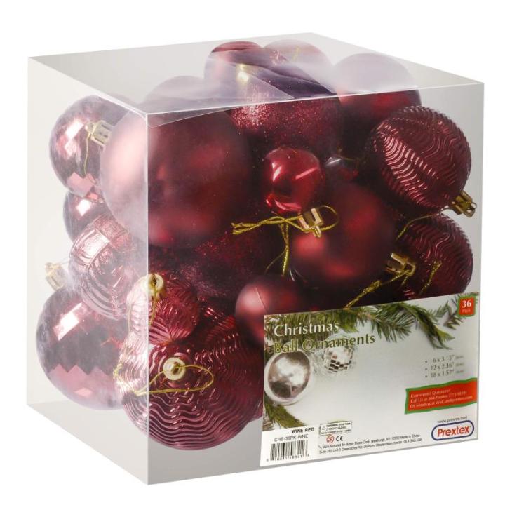 wijnrode kerstbalornamenten voor kerstversiering - 36 stuks kerstboom onbreekbare ornamenten met ophanglus voor vakantie- en feestdecoratie (combo van 6 stijlen in 3 maten)