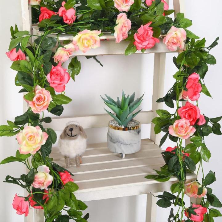 2 stuks kunstmatige rozenslinger om op te hangen aan zijden bloemen voor binnen en buiten, bruiloftswand, badkamerdecoratie (roze - 13, 13 koppen)