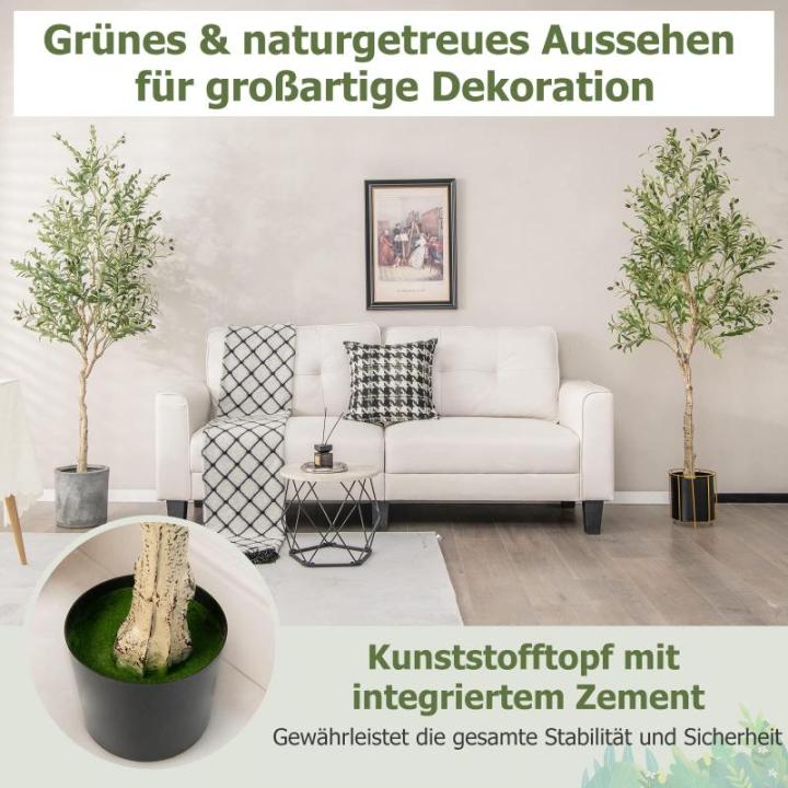 Kunstolijfboom, kunstplant 180 cm, kamerplant met cementpot, natuurlijke bladeren en 72 vruchten, kunstboom voor tuin, kantoor, thuis, , groen