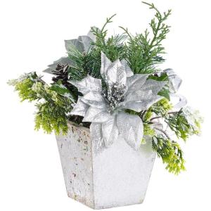 Kunstbloemen Kerstmis: kerststuk met bloemen, takken, kegels en kunstsneeuw, 22 cm (tafelversiering, kunstbloemstuk, kerstster)