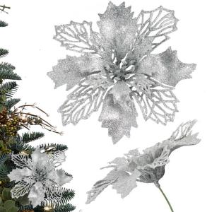 Weihnachtsblumen Künstlich, Weihnachtsbaum Blumen Mit 15 Clips, Glitzer Blumen Weihnachten, Künstliche Blumen für Weihnachten (Silber)