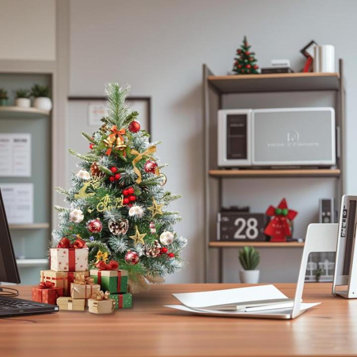 2 x kerstboom met decoratieve lichtketting 30 LED warm wit batterij, 60 cm mini kunstkerstboom met sneeuw, dennenappels en taxbessen, tafelkerstboom, kerstdecoratie, materiaal PE