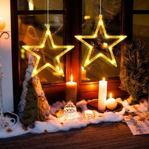 Kerstverlichting, 10 led-lichtgordijnen met sterren, kerstgordijn, werkt op batterijen, warmwit, timer, decoratieve kerstverlichting voor kerstboom, raam, deur, bruiloft, bar (2 st