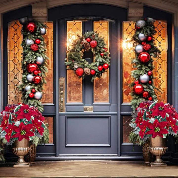 4 stuks kunstkerstster, dennentakken, kunstbloemen met kerstbloemen, rood, kunstdennentakken, kunstbloemen, kerstboeket, kunstkerststerren