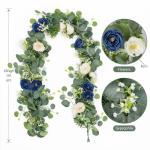 Künstliche Eukalyptus-Blumengirlande mit blau-weißen Rosen, Kunstpflanzen, Seide, Blumengirlande, Schleierkraut, Efeu-Ranken, für Hochzeitsdekoration, Zuhause, Party, Tischläuf