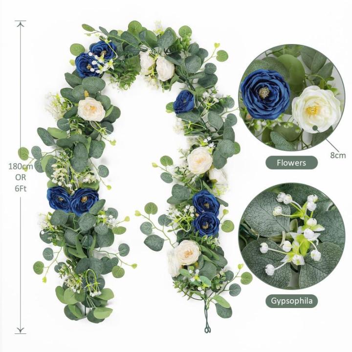 Künstliche Eukalyptus-Blumengirlande mit blau-weißen Rosen, Kunstpflanzen, Seide, Blumengirlande, Schleierkraut, Efeu-Ranken, für Hochzeitsdekoration, Zuhause, Party, Tischläuf