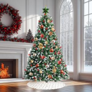 arivoo Binja Opvouwbare kerstboom, versierd met 800 takken, 37 dennenappels, 24 bessen en standaard, buigbare pvc-punten met sneeuwvlokken, moeilijk ontvlambaar (H180 cm)