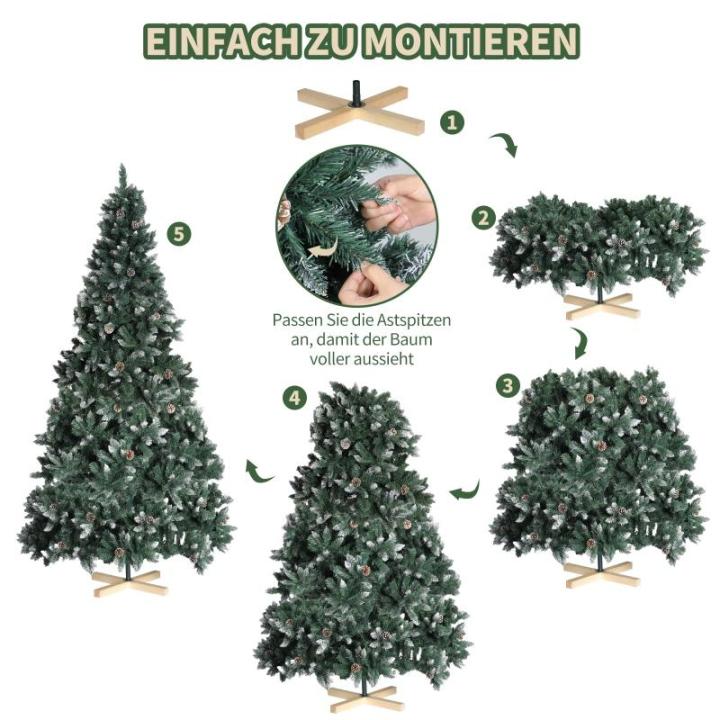 Nordmann Kunstkerstboom met sneeuweffect, kunstkerstboom met handgemaakte houten standaard, sneeuw, 61 dennenappels en 2500 takpunten, eenvoudig te monteren
