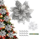 12 Stück Weihnachten Glitzer Weihnachtsstern Silber Künstliche Blumen Deko, Weihnachtsstern Künstliche Blumen mit Clips + Vorbauten, Weihnachtsblumen für Weihnachts Hochzeits G