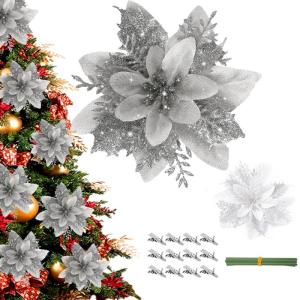12 Stück Weihnachten Glitzer Weihnachtsstern Silber Künstliche Blumen Deko, Weihnachtsstern Künstliche Blumen mit Clips + Vorbauten, Weihnachtsblumen für Weihnachts Hochzeits G