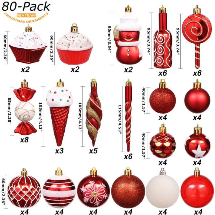 80-pack geassorteerde onbreekbare kerstbalversieringen set decoratieve Hangers met herbruikbaar handgeschenkpakket voor kerstboom