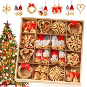 52 stuks kerstboomversiering stro stroster, kerstboomversiering stro natuurlijke kerstboomhanger kerstdecoratie