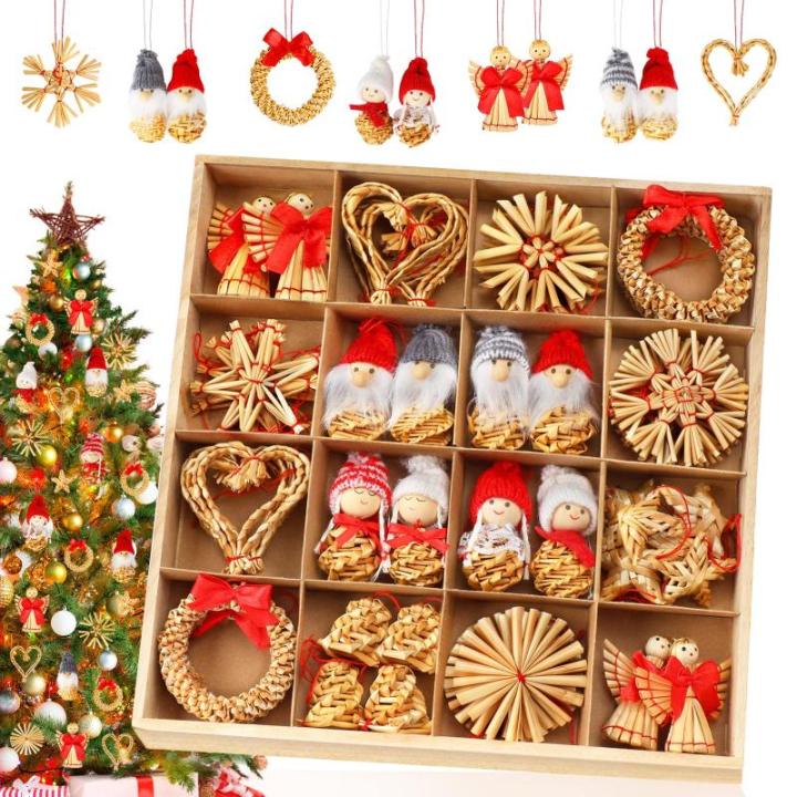 52 stuks kerstboomversiering stro stroster, kerstboomversiering stro natuurlijke kerstboomhanger kerstdecoratie