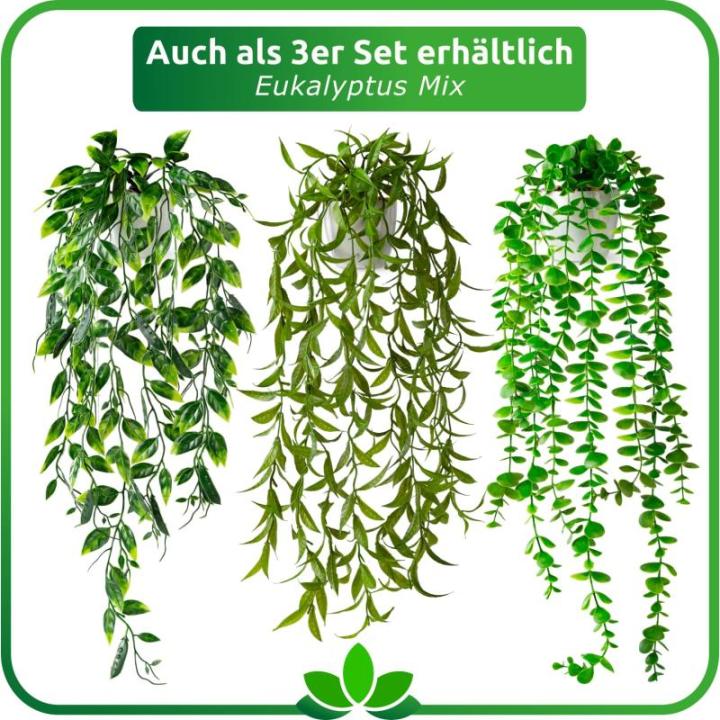 Kunstmatige eucalyptus (60 cm) in witte keramische pot: kunstmatige hangplanten | kunstmatige planten als echt | hangende | kunstplant hangend in pot | kunstplant kunstplant