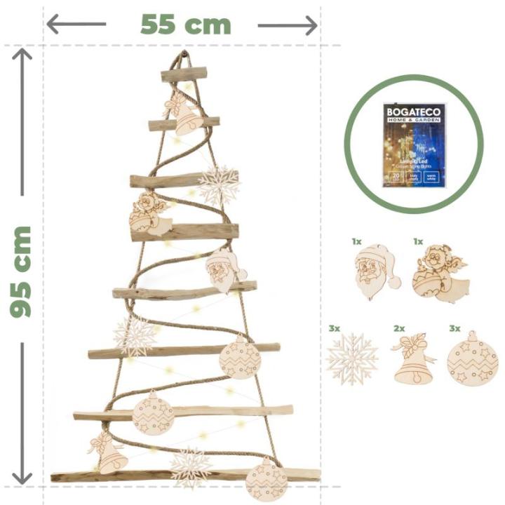 Handgemaakte kerstboom 95 cm hoog met decoraties, van hazelnoothout, decoratieve hanger, met 200 cm ledlampen, houten platen verbonden met een jute touw met een dikte van 6 mm