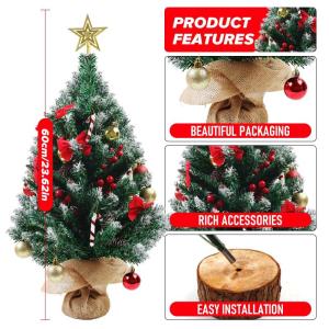 Mini kerstboom van 60 cm met 50 led-lichtslingers, doe-het-zelf kunstkerstboom met ster en rode strikken, dennenappels en rode bessen, decoratie voor Kerstmis, thuis, keuken, eetta