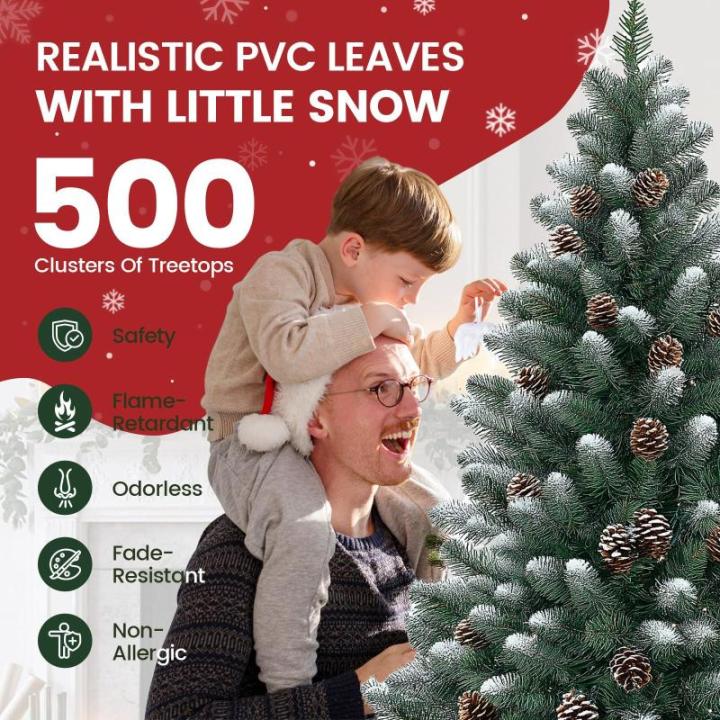 Kunstkerstboom met sneeuweffect en dennenappels, kunstdennenboom, pvc, met metalen standaard, premium Nordmann-spen, moeilijk ontvlambare kerstboom voor kerstdecoratie, herbruikbaa