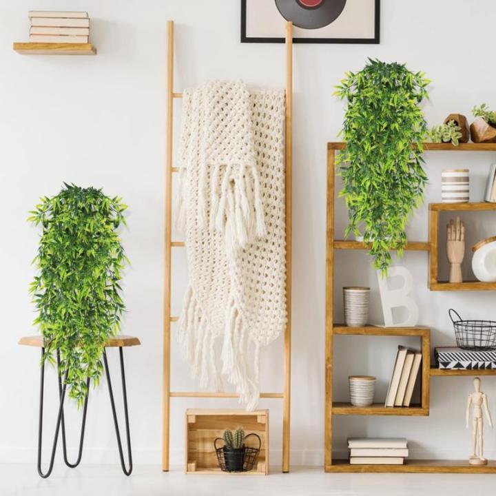 Kunsthangplanten, 3,40 m voor binnen en buiten, groene bladeren, plastic kunstbamboebladeren, huilende hangende planten op pot, groen wijnstokken voor huis, tuin, muur, esthetische
