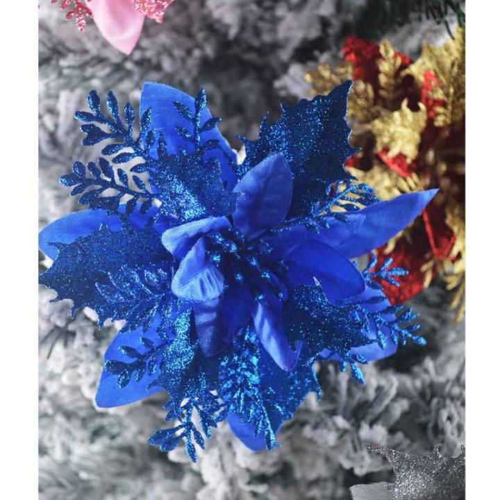 GL-Turelfies 12 STK. Glitzer Weihnachtsblumen (15cm/5,9'') mit 12 STK. Clips Künstliche Weihnachtsstern Blumen Weihnachtsbaum Blumenschmuck Weihnachtsbaum Ornamente (Blau)