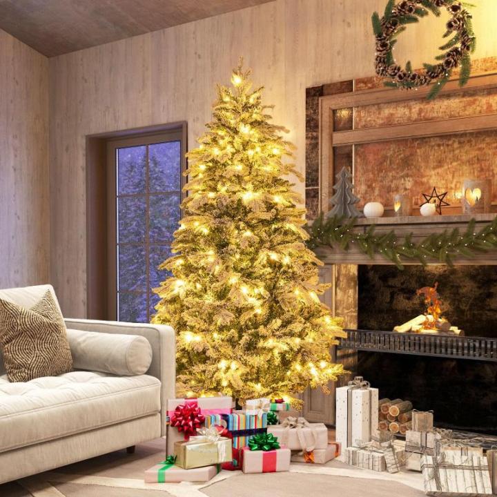 Kunstkerstboom met verlichting, 180 cm, 260 warmwitte leds, dennenboom met sneeuw en metalen standaard, sneeuwbedekt, wit
