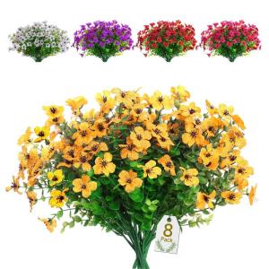 Kunstbloemen, 8 bundels buiten, uv-bestendig, namaakbloemen, vervaagt niet, groene kunstplant, tuin, veranda, raam, box, kantoor, struiken, decoreren (geel)