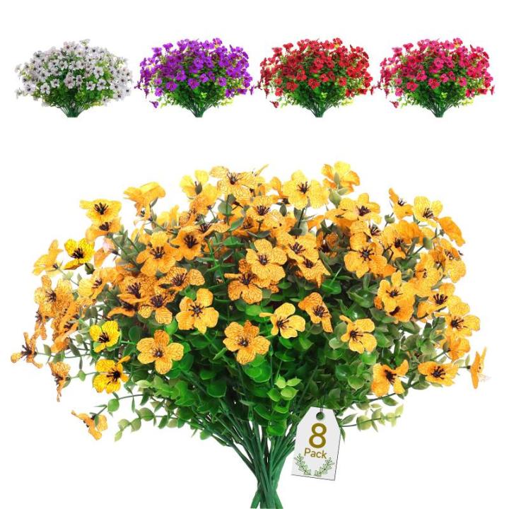 Kunstbloemen, 8 bundels buiten, uv-bestendig, namaakbloemen, vervaagt niet, groene kunstplant, tuin, veranda, raam, box, kantoor, struiken, decoreren (geel)