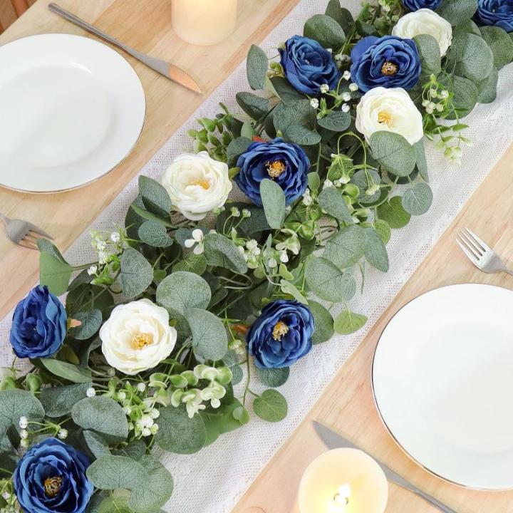 Künstliche Eukalyptus-Blumengirlande mit blau-weißen Rosen, Kunstpflanzen, Seide, Blumengirlande, Schleierkraut, Efeu-Ranken, für Hochzeitsdekoration, Zuhause, Party, Tischläuf