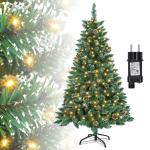 Kunstkerstboom met verlichting, dennenboom, groen, pvc, met sneeuweffect, met dennenappels, kerstdecoratie met metalen standaard