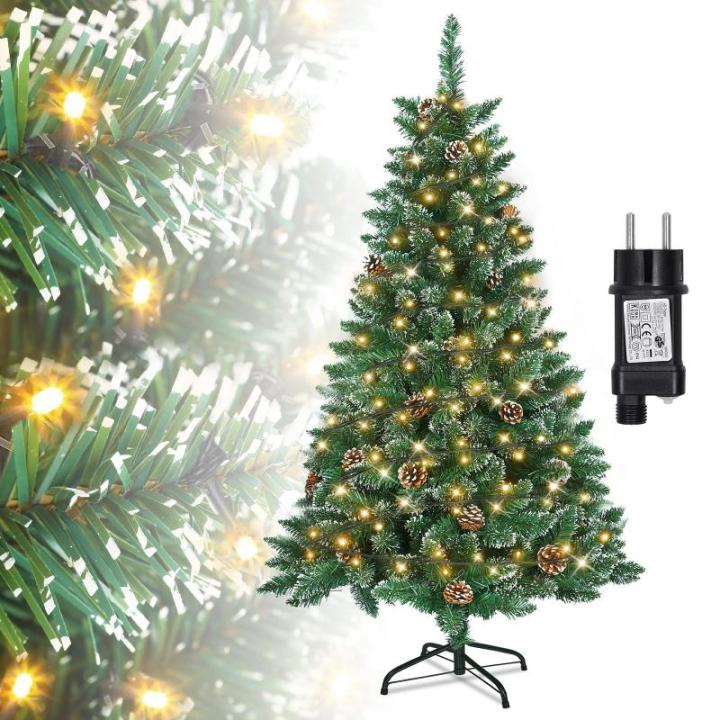 Kunstkerstboom met verlichting, dennenboom, groen, pvc, met sneeuweffect, met dennenappels, kerstdecoratie met metalen standaard