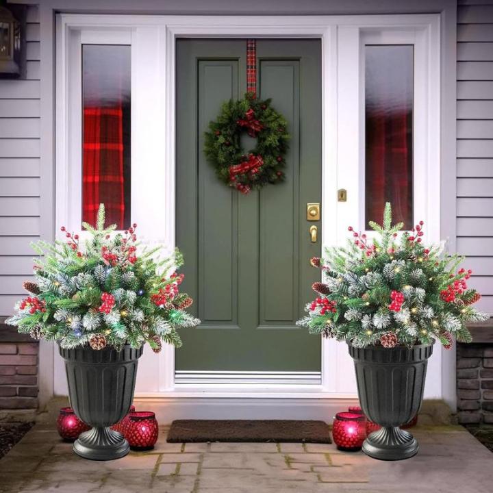 Prelit Planter Bushes Christmas, Prelit Pot Fillers, Pre-Lit Artificial Christmas Tree Feel Real Urn Filler, Holiday Planter, Faux Holiday Planter Filler with Lights, Tree Urn Fill