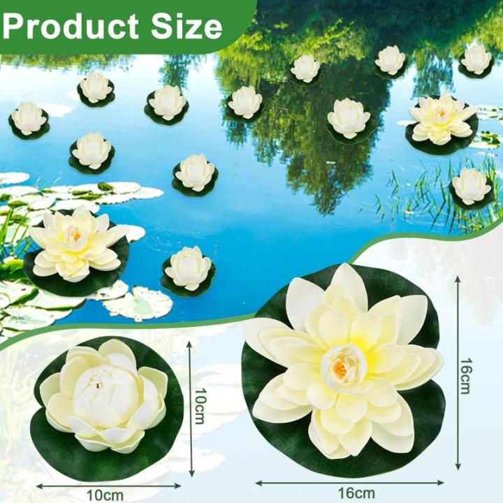 Kunstwaterlelie, 5 stuks, 10 cm en 18 cm, drijvende bloemen, waterlelie, wit, waterlelie, kunstbloemen, lotusbloem, kunstlotus, kunstdecoratie voor tuinvijver, decoratie