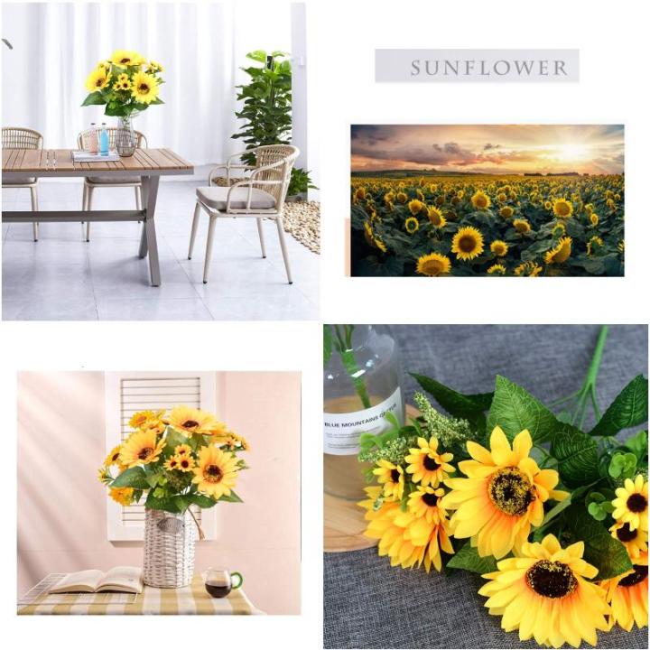 2 trossen kunstzonnebloem boeket, nep zijden zonnebloem bloemen, realistische planten voor huwelijksfeest, jubileum, thuiskantoor, tafeldecoratie (kort)