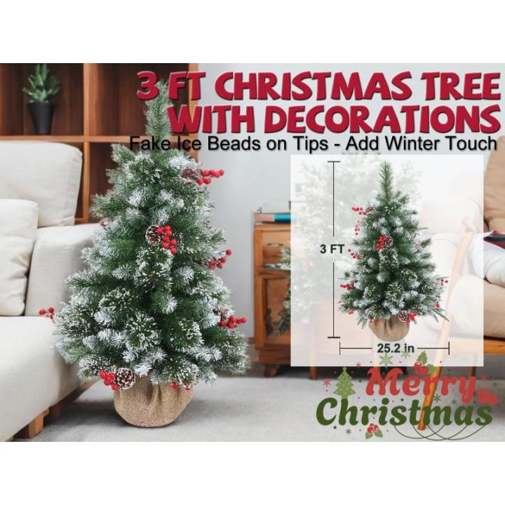 Kleine kerstboom 3 voet, 3 voet kerstboom met decoraties, volledige en realistische kunstijskralen, geef het geheel een bijzonder kersttintje