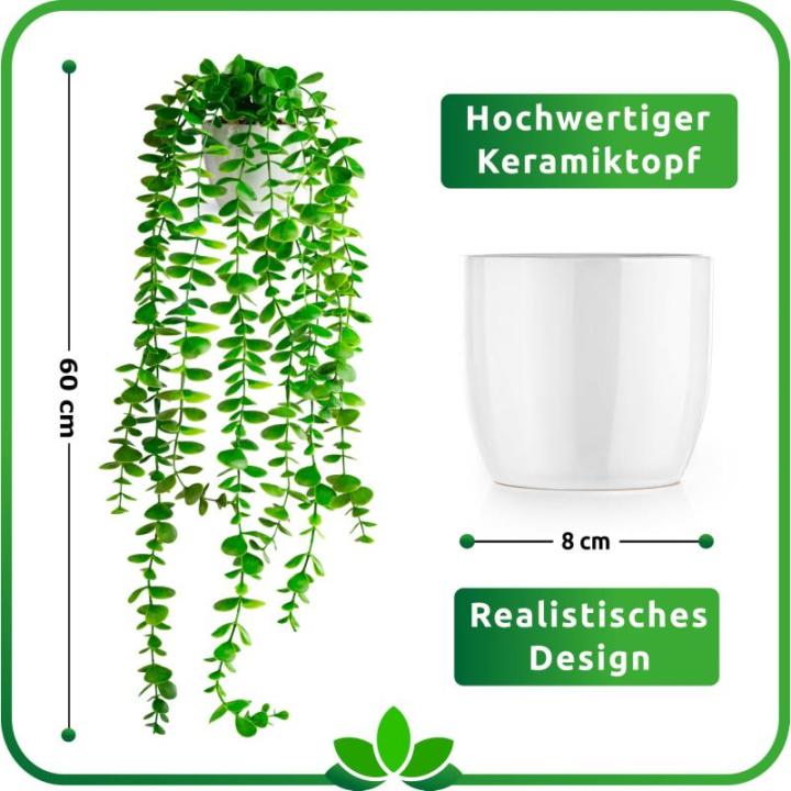 Kunstmatige eucalyptus (60 cm) in witte keramische pot: kunstmatige hangplanten | kunstmatige planten als echt | hangende | kunstplant hangend in pot | kunstplant kunstplant