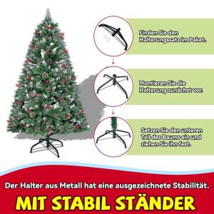 Kunstkerstboom, 150 cm, met 500 pvc-punten, 24 dennenappels en 18 rode vruchten, Ø 95 cm, kunstkerstboom van moeilijk ontvlambaar, met sneeuweffect en metalen standaard